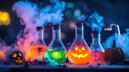 A Halloweenthemed chemistry set with beakers filled with neoncolored, smoking liquids