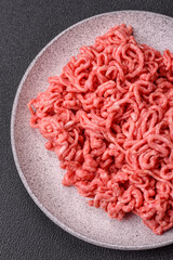 Fresh raw ground beef with salt and spices