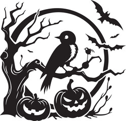 halloween bird, pumpkins and dead tree black and white silhouette vector art flat graphic design background outline illustrations