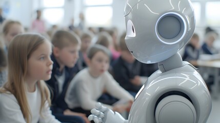 humanoid robot teacher pointing at a smart board filled with animated infographics, while students engage using tablets and smart notebooks.