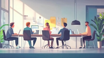 Group brainstorming in modern office with laptops and documents, teamwork concept