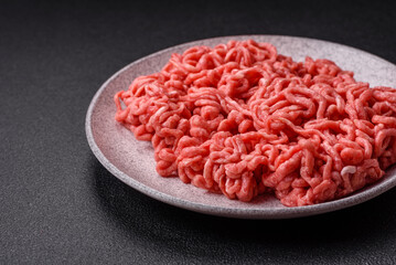 Fresh raw ground beef with salt and spices