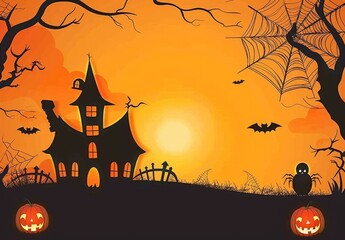 Haunted House Halloween Scene: Spider Web and Pumpkins on a Bright Orange Sky