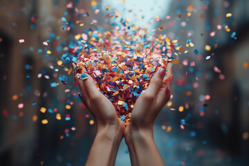 Office workers exchanging high-fives, confetti falling around them in celebration.