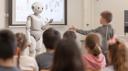 humanoid robot teacher pointing at a smart board filled with animated infographics, while students engage using tablets and smart notebooks.