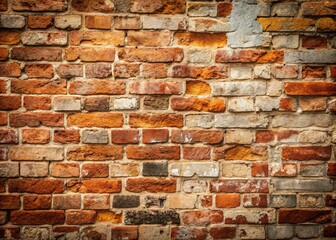 Fototapeta premium Distressed, worn, and weathered rustic brick wall background with rough mortar, faded color, and subtle texture, evoking a sense of aged, vintage charm.