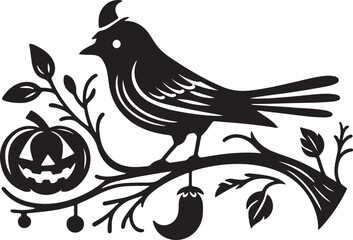 halloween bird, pumpkins and dead tree black and white silhouette vector art flat graphic design background outline illustrations