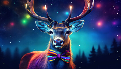 Christmas and Holidays.Pop-art Christmas reindeer wearing a sequined bow tie in pop art colors against a dark blue snowy night background with snowflakes and Christmas lights