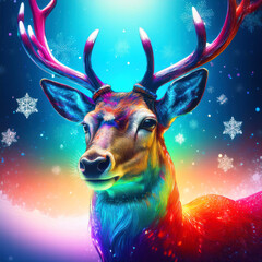 
Christmas and Holidays.Pop-art Christmas reindeer wearing a sequined bow tie in pop art colors against a dark blue snowy night background with snowflakes and Christmas lights
