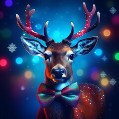 Christmas and Holidays.Pop-art Christmas reindeer wearing a sequined bow tie in pop art colors against a dark blue snowy night background with snowflakes and Christmas lights
