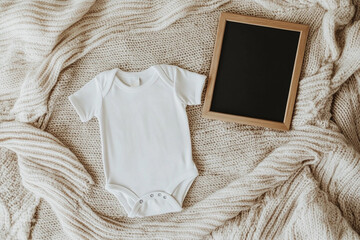 White cotton baby bodysuit with black letter board and beige cotton fabric background with copy space, pregnancy announcement mockup template