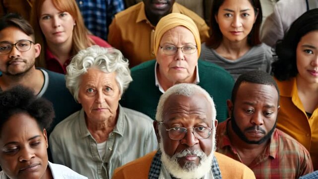 Diverse group of people standing, looking up, unity in diversity concept.