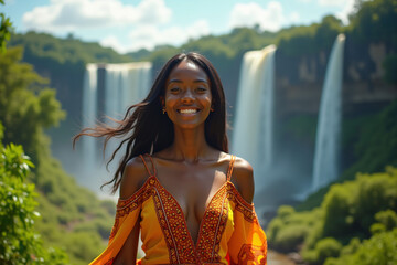 Guyanese woman in Ankara dress by Kaieteur Falls Guyana