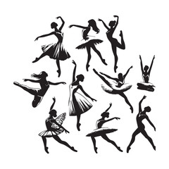 Silhouettes of dancing girls Black and white vector illustration