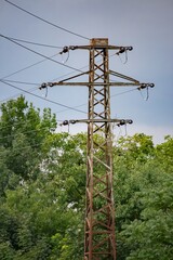 High voltage power line close-up. Power outage due to war in Ukraine
