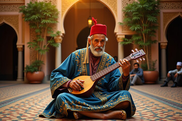 Elderly Gnawa Musician Playing Guembri in Traditional Moroccan Attire
