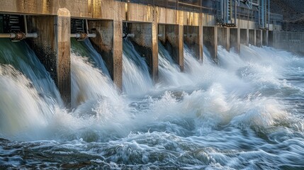 Dynamic Water Rushing Through Dam Spillways with Vibrant Energy.
