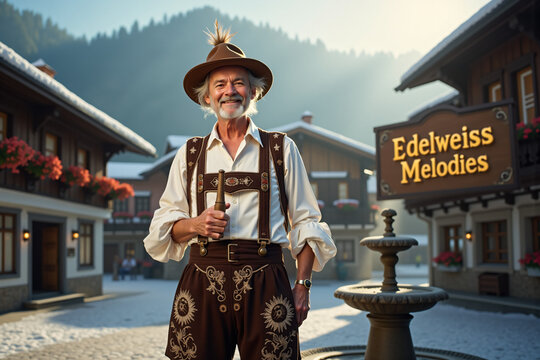 Elderly Austrian Yodeler in Mountain Village Square