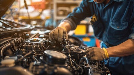 A mechanic is conducting a computer diagnosis and working diligently on an engine repair at an auto shop, efficiently troubleshooting the vehicle's issues. Generative AI