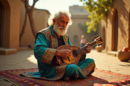 Elderly Uzbek man playing dutar in village courtyard