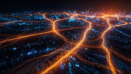 A vibrant digital landscape featuring flowing streams of glowing orange and blue light, representing data transmission through fiber optic cables