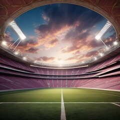 Obraz premium Empty stadium showcasing a well-maintained, lush green playing field under bright lights, football stadium inside view, stadium background, empty arena in neon light