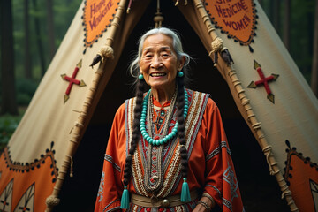 Obraz premium Elderly Native American woman in ceremonial deerskin dress