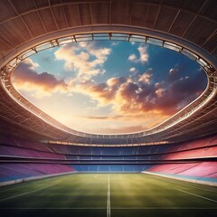 Empty stadium showcasing a well-maintained, lush green playing field under bright lights, football stadium inside view,  stadium background, empty arena in neon light
