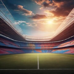 Empty stadium showcasing a well-maintained, lush green playing field under bright lights, football stadium inside view,  stadium background, empty arena in neon light
