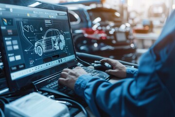 A mechanic uses a computer for diagnostics while working on engine repairs in an automotive workshop. Generative AI