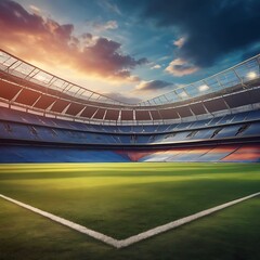 Empty stadium showcasing a well-maintained, lush green playing field under bright lights, football stadium inside view,  stadium background, empty arena in neon light