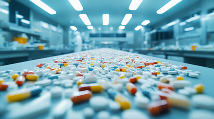 A futuristic room with a long table covered in countless colorful pills, illuminated by bright overhead lights, representing the pharmaceutical industry or medical research.

