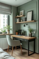 Fototapeta premium Cozy small desk workspace with floating shelf in a modern home interior design