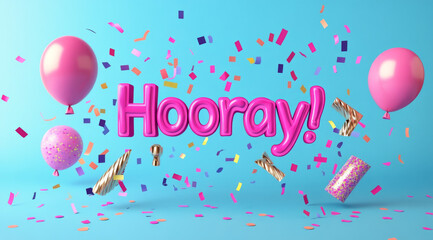 Cheerful "Hooray" balloon text surrounded by pink balloons and colorful confetti on a light blue background, perfect for celebrations.

