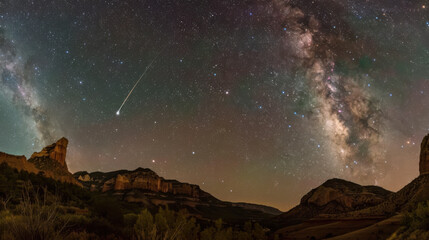 Fototapeta premium In the tranquil night, the Milky Way spans the sky, the majestic mountain range stands out clearly in the starlight, a meteor streaks across the night sky, disappearing on the horizon, a serene, myste
