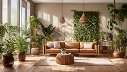 Fototapeta premium Eco friendly living room. Lush Indoor Jungle - a minimalist living room with a focus on eco-friendly materials. Graphic art illustration background