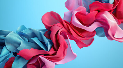 Fototapeta premium 3D Abstract Design with Intricately Layered, Flowing Cloth Elements in Harmonious Red, Pink, and Blue Tones Against a Soft Blue Background, Modern Digital Art, Elegant Textile Visualization