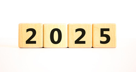 Business concept of 2025 new year symbol. Beautiful wooden cubes with number 2025 Happy new year. Beautiful white table white background, copy space. Business 2025 happy new year concept.