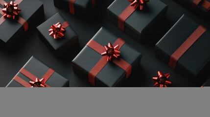 Christmas themed gift boxes neatly arranged with black wrapping paper and ribbon against a black backdrop