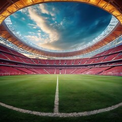 Fototapeta premium Empty stadium showcasing a well-maintained, lush green playing field under bright lights, football stadium inside view, stadium background, empty arena in neon light