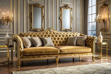 Elegant golden accents adorn a luxurious velvet sofa, set against a backdrop of geometric patterns and ornate mirrors, evoking classic French Art Deco sophistication.