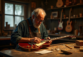 Guitar luthier building custom electric guitar in workshop