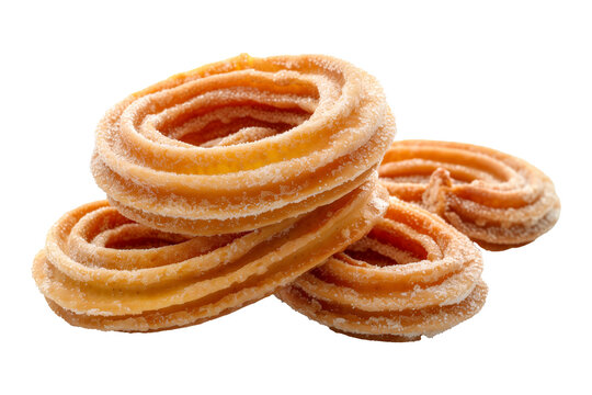 Sugar-coated fried dough pastries or Churo Swirl stacked together isolated on a white transparent background. Concept of sweet and delicious snack food