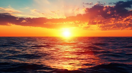 Fototapeta premium A stunning sunset over the ocean, showcasing vibrant colors and reflections on the water, evoking tranquility and beauty.