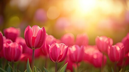 A vibrant field of pink tulips illuminated by a warm golden sunset, perfect for nature and flower enthusiasts.