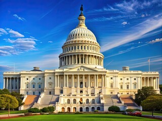 Obraz premium Elegant illustration of the iconic government building in Washington D.C. with Neo-Classical architecture, columns, and a-domed roof set against a crisp blue sky.