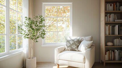 A white chair is in front of a window with a plant in a white pot. The room is bright and airy, with a large bookshelf filled with books. The atmosphere is cozy and inviting