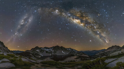 In the tranquil night, the Milky Way spans the sky, the majestic mountain range stands out clearly in the starlight, a meteor streaks across the night sky, disappearing on the horizon, a serene, myste
