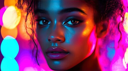Portrait of a young woman illuminated by vibrant neon lights, creating colorful reflections on her skin. She gazes intensely into the camera with a futuristic, blurred urban backdrop. 