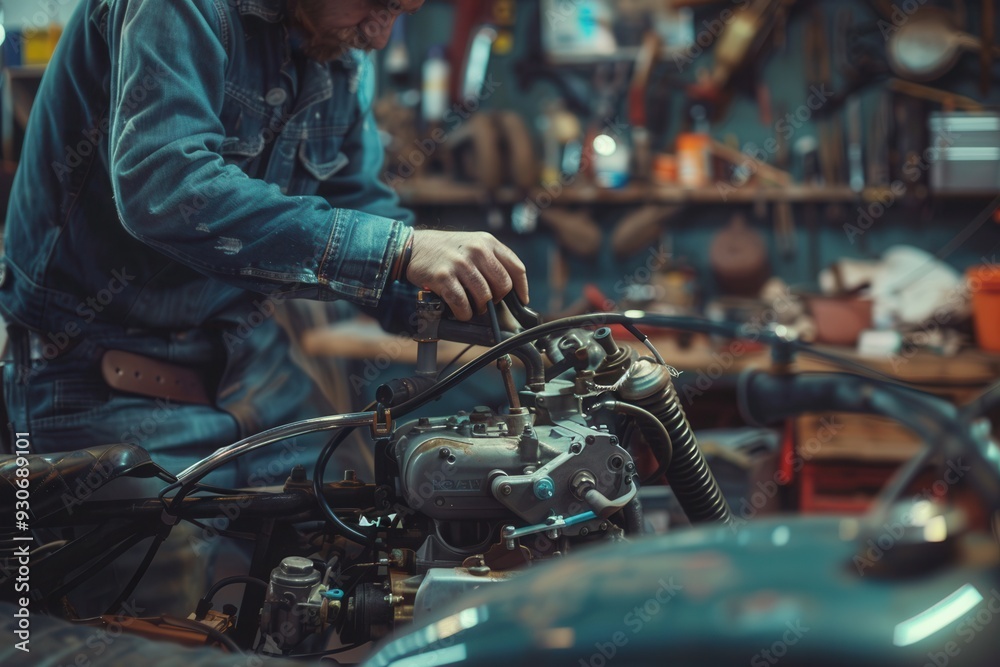 Fototapete a mechanic conducts a computer diagnosis on a vehicle while working on the engine repair in a well-e